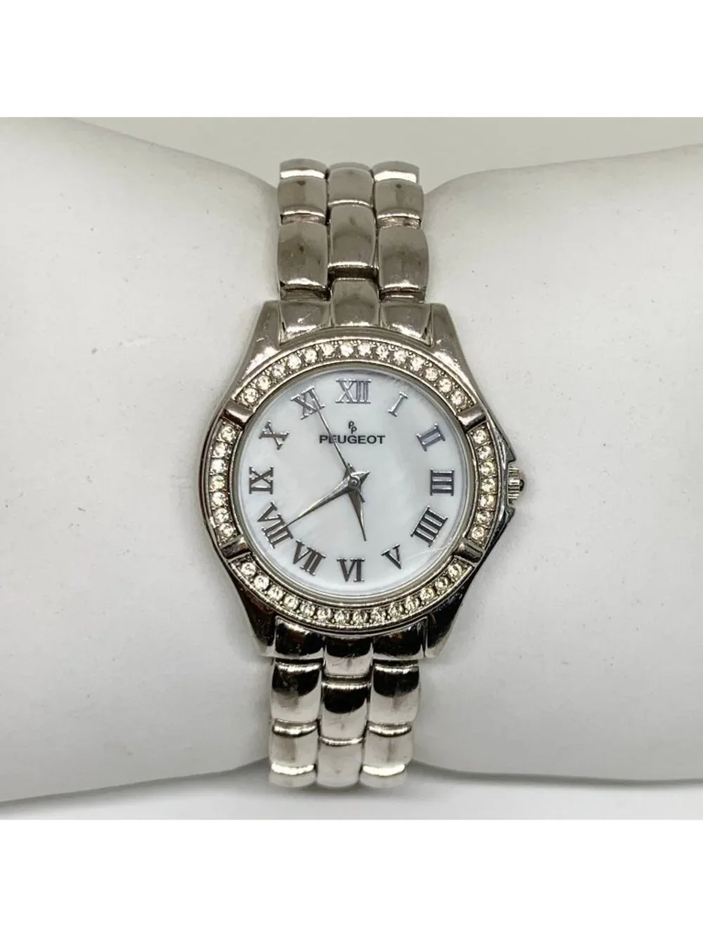 Peugeot women’s silver tone watch 31mm mop dial rhinestones quartz 7” running